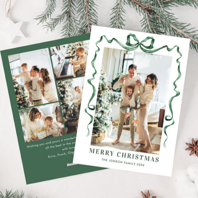 Festive Christmas Sage Green Bow Ribbon 5 Photo Holiday Card (Creator Uploaded)