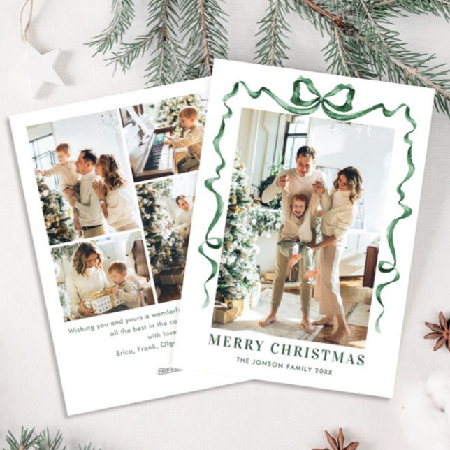 Festive Christmas Sage Green Bow Ribbon 5 Photo Holiday Card (Creator Uploaded)
