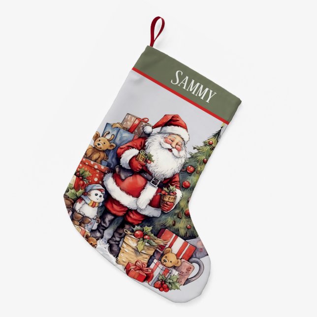Festive Christmas Santa add name watercolor  Small Christmas Stocking (Front (Hanging))