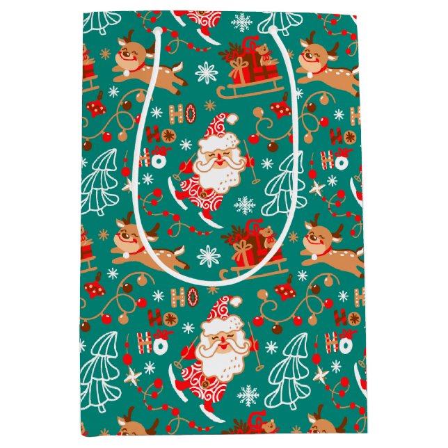 Festive Christmas Santa and Reindeer Medium Gift Bag (Front)