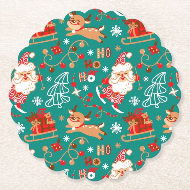 Festive Christmas Santa and Reindeer Paper Coaster (Front)