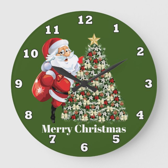 Festive Christmas Santa and tree Large Clock (Front)