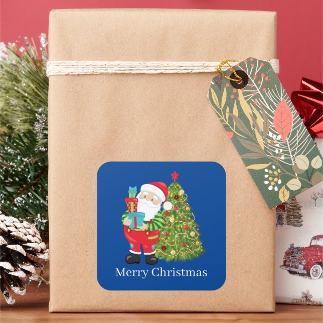 Festive Christmas Santa and tree Square Sticker (Holiday)