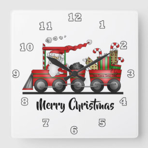 Festive Christmas Santa Holiday train Square Wall Clock