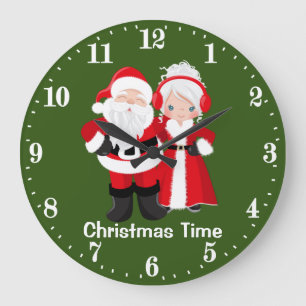 Festive Christmas Santa Mrs. Claus Large Clock