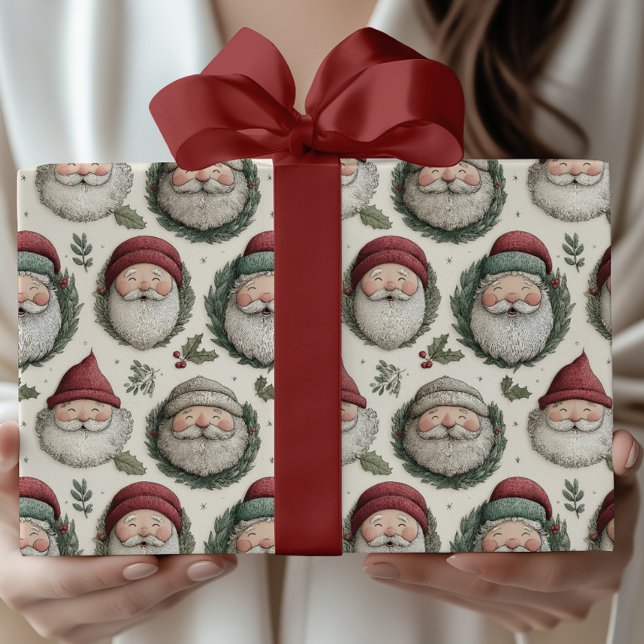 Festive Christmas Santa with Holly Wreaths Pattern Wrapping Paper (Creator Uploaded)