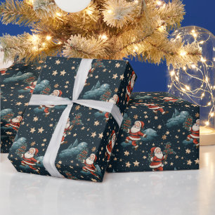 Festive Christmas Santa with Red Berries and Stars Wrapping Paper