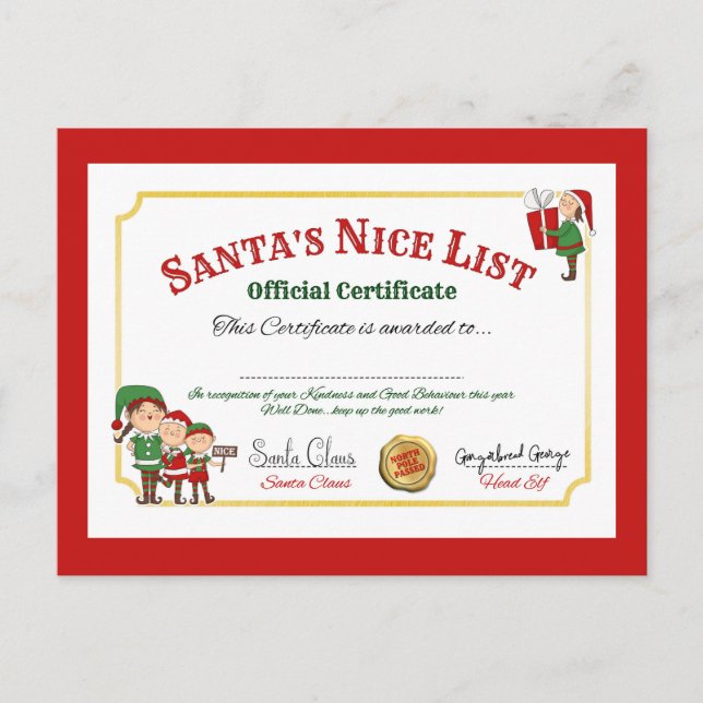 Festive Christmas Santa's Nice list  Holiday Postcard (Front)