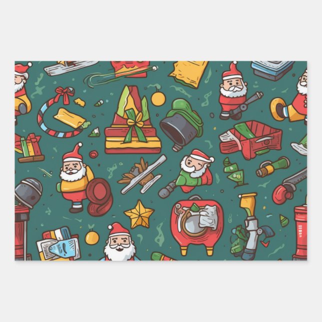 Festive Christmas Santa's Workshop Wrapping Paper Sheet (Front)