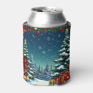 Festive Christmas Scene with Snowy Trees Can Cooler