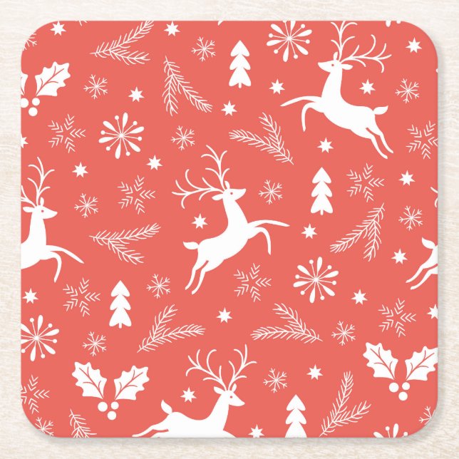 Festive Christmas Seamless Pattern Square Paper Coaster (Front)