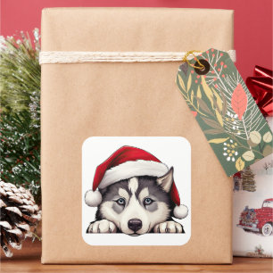 Festive Christmas Siberian Husky Window Cling Square Sticker