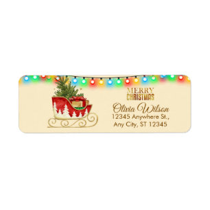 Festive Christmas Sleigh & Colourful String Lights Return Address Label