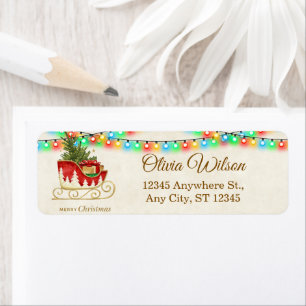 Festive Christmas Sleigh & Colourful String Lights Return Address Label