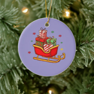 Festive Christmas Sleigh Full of Presents Cartoon Ceramic Ornament