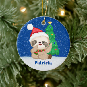 Festive Christmas sloth add name message Ceramic Ornament