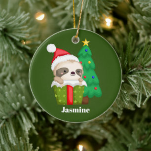 Festive Christmas sloths Holiday add name Ceramic Ornament