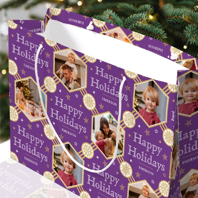 Festive Christmas Snowflake Photo Classic Purple Large Gift Bag (Creator Uploaded)