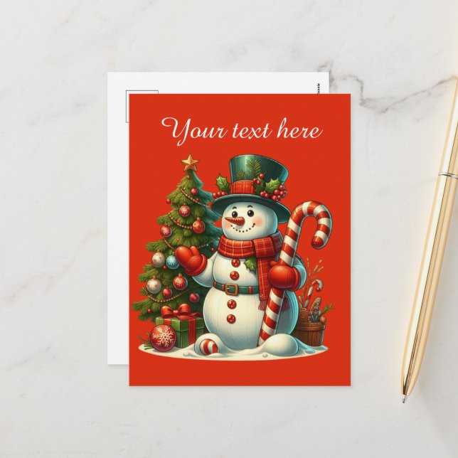 Festive Christmas snowman add message  Holiday Postcard (Front/Back In Situ)