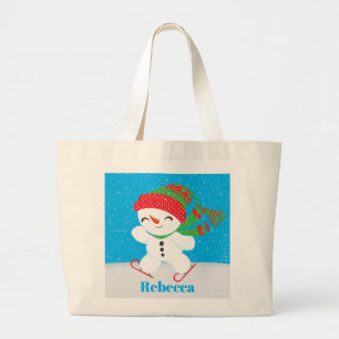 Festive Christmas snowman add name Large Tote Bag