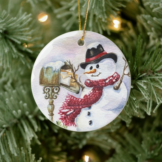 festive Christmas snowman add text  Ceramic Ornament (Tree)