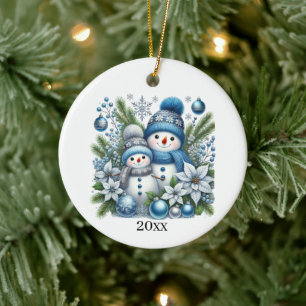 Festive Christmas Snowman add year and message Ceramic Ornament