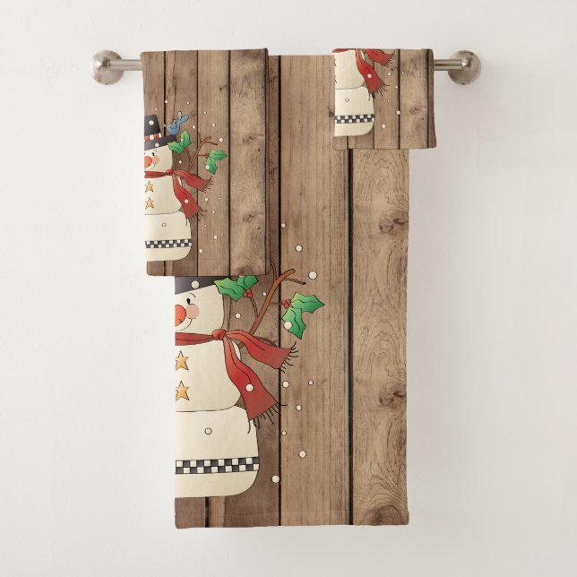Festive Christmas snowman Holiday Country Bath Towel Set (Insitu)