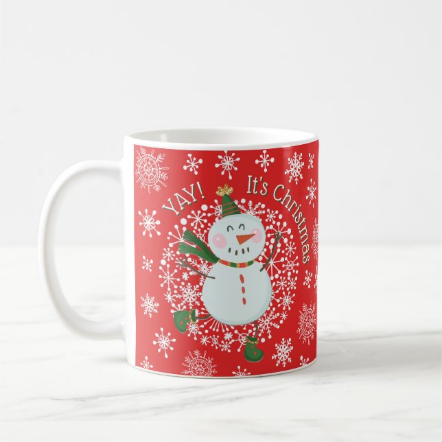Festive Christmas Snowman Holiday Snowflakes Coffee Mug (Left)