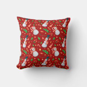 Festive Christmas Snowman Red Cushion