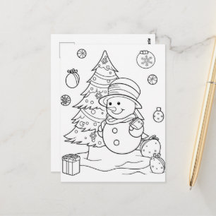 festive Christmas Snowman tree kid colouring  Postcard