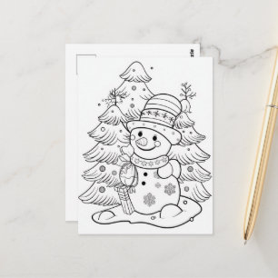 festive Christmas Snowman tree kid colouring  Postcard