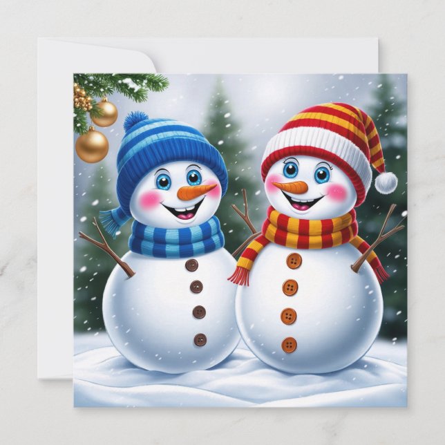 Festive Christmas Snowmen in the Winter Forest  Holiday Card (Front)