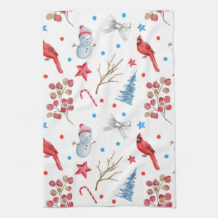 Festive Christmas Snowmen Red Cardinals Snow Trees Tea Towel