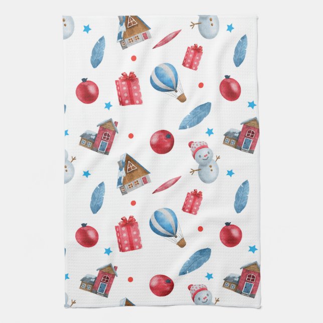 Festive Christmas Snowmen Red Ornaments Houses  Tea Towel (Vertical)