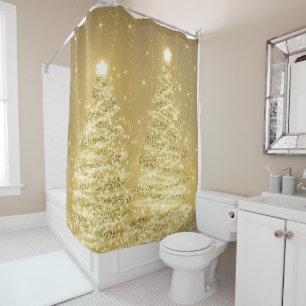 Festive Christmas Sparkling Trees Gold Shower Curtain