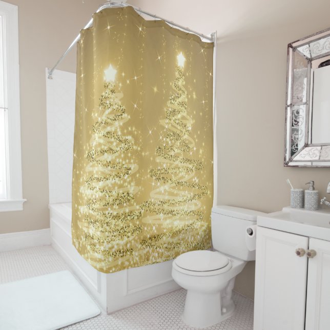 Festive Christmas Sparkling Trees Gold  Shower Curtain (In Situ)
