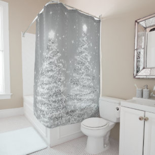 Festive Christmas Sparkling Trees Silver  Shower Curtain