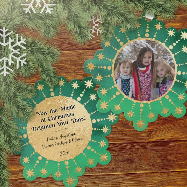 Festive Christmas Stars: Green and Gold Tree Decoration Card (Christmas Magic Green and Gold Photo Ornament Card)