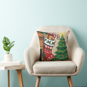 "Festive Christmas Stocking with Gifts and Candy Cushion