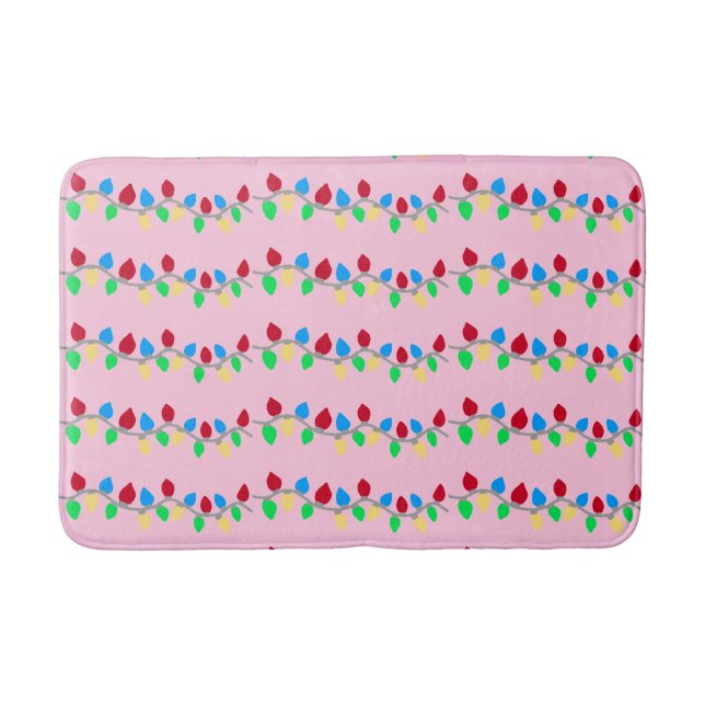 Festive Christmas String Lights on Pink Bath Mat (Front)