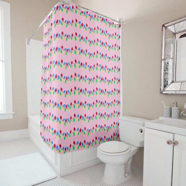 Festive Christmas String Lights on Pink Shower Curtain (In Situ)