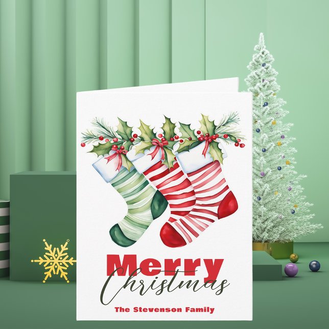 Festive Christmas Striped Stockings with Greenery  Card (Creator Uploaded)