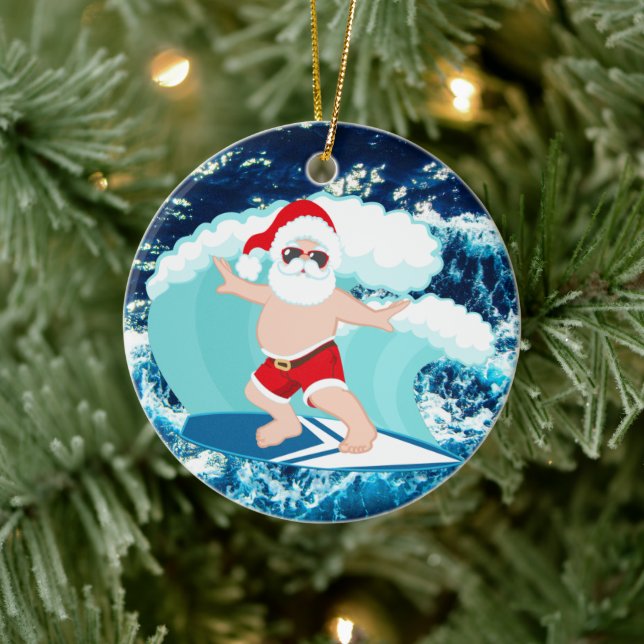 Festive Christmas surfing Santa add sentiment Ceramic Ornament (Tree)