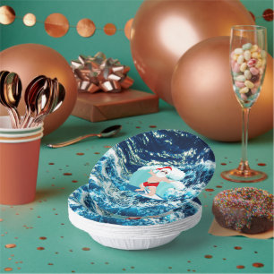 Festive Christmas Surfing Santa Beach  Paper Bowls Plate