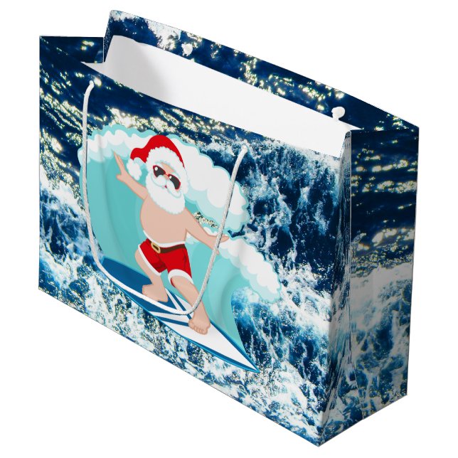 festive Christmas surfing Santa Holiday Large Gift Bag (Front Angled)