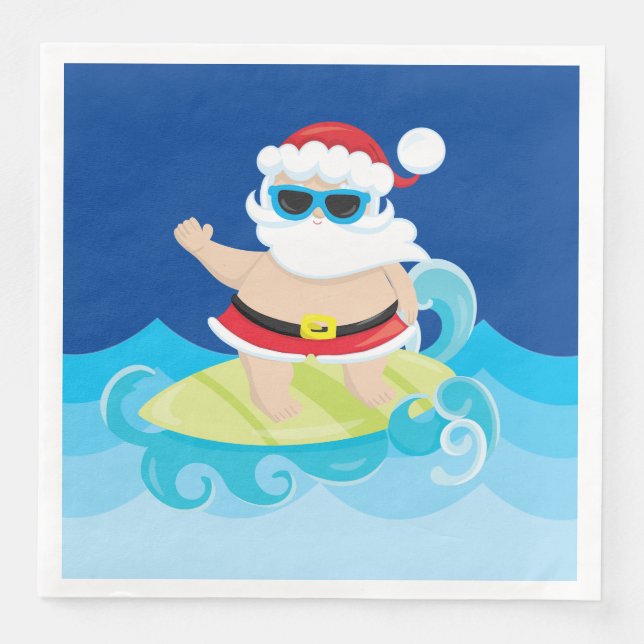 Festive Christmas surfing Santa Holiday Napkin (Front)