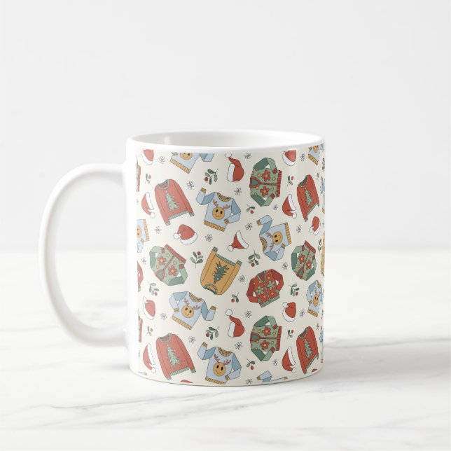 Festive Christmas Sweaters and Hats Pattern Coffee Mug (Left)