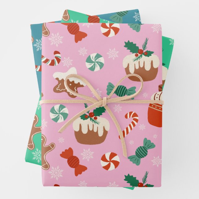 Festive Christmas Sweet Treats Pattern Wrapping Paper Sheet (In situ)