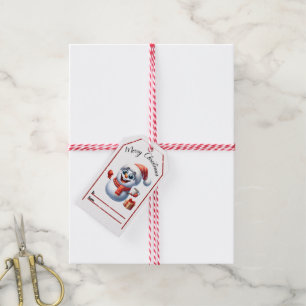 Festive Christmas tags featuring a joyful snowman
