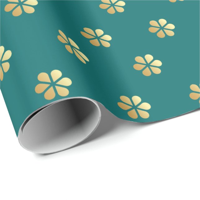 Festive Christmas Teal & Gold Daisy  Wrapping Paper (Roll Corner)